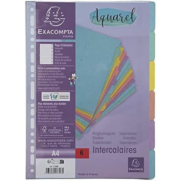 Intercalaires Aquarel - Exacompta - Réf. 7706E - Glänzende karte 400g/m2 - 6 flikar - Format A4