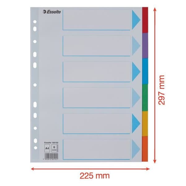 A4-avdelare - Esselte - 6 nycklar - Slitstark 160g/m² kartong - Färgade flikar - Universell perforering