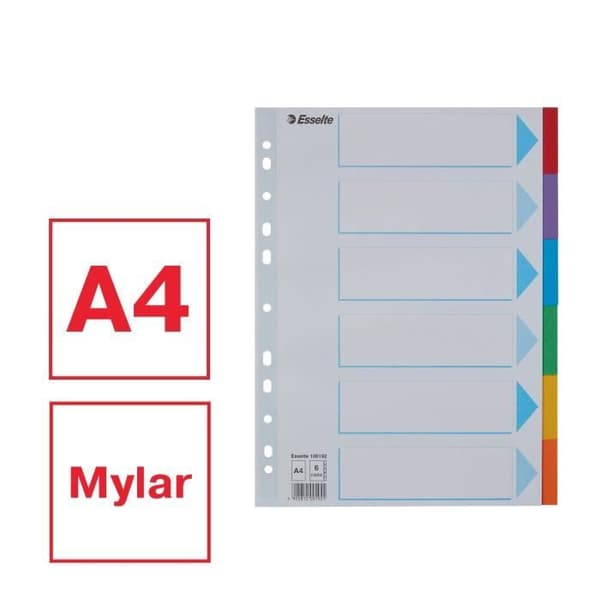 A4-avdelare - Esselte - 6 nycklar - Slitstark 160g/m² kartong - Färgade flikar - Universell perforering