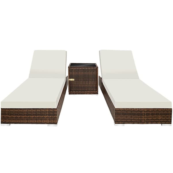 Sæt med liggestole + bord i polyrattan/aluminium - brun