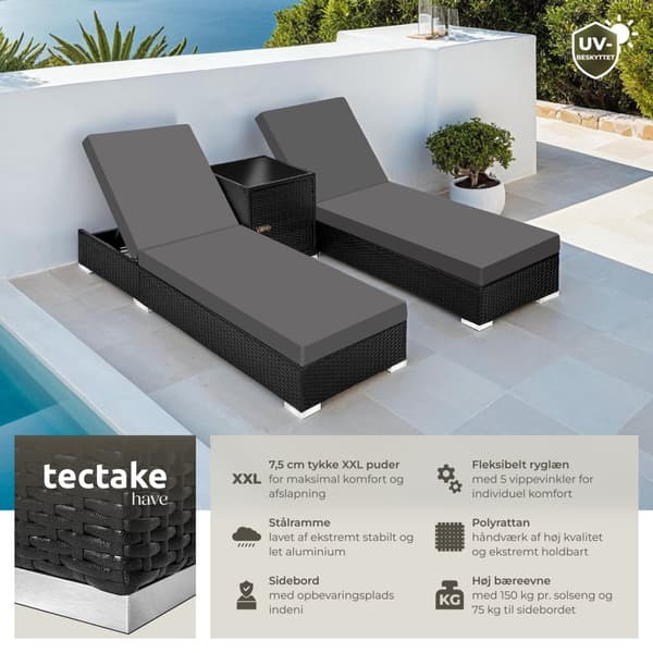 Sæt med liggestole + bord i polyrattan/aluminium - sort
