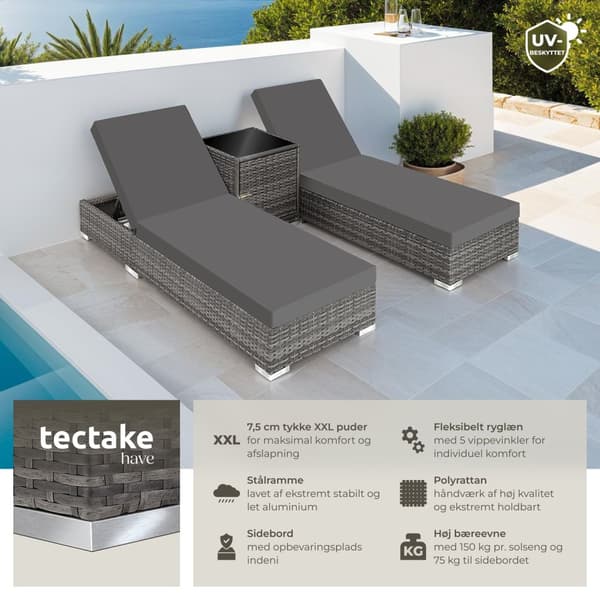 Sæt med liggestole + bord i polyrattan/aluminium - grå