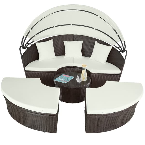 Rund daybed polyrattan med skygge - brunmeleret