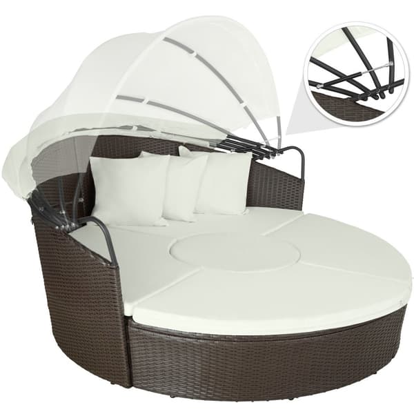Rund daybed polyrattan med skygge - brunmeleret