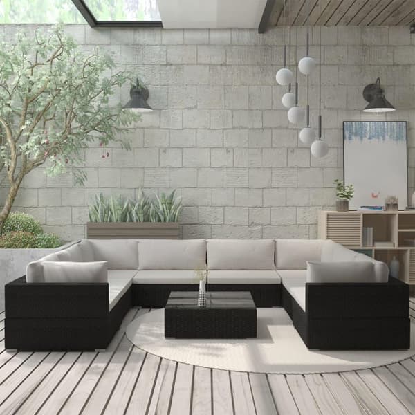 vidaXL haveloungesæt 9 dele med hynder polyrattan sort