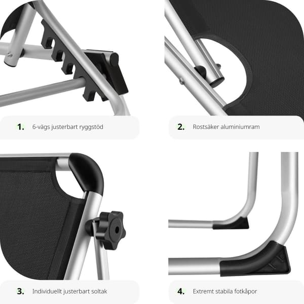 Solstol Aurelie aluminium, 6-faldigt justerbar - svart
