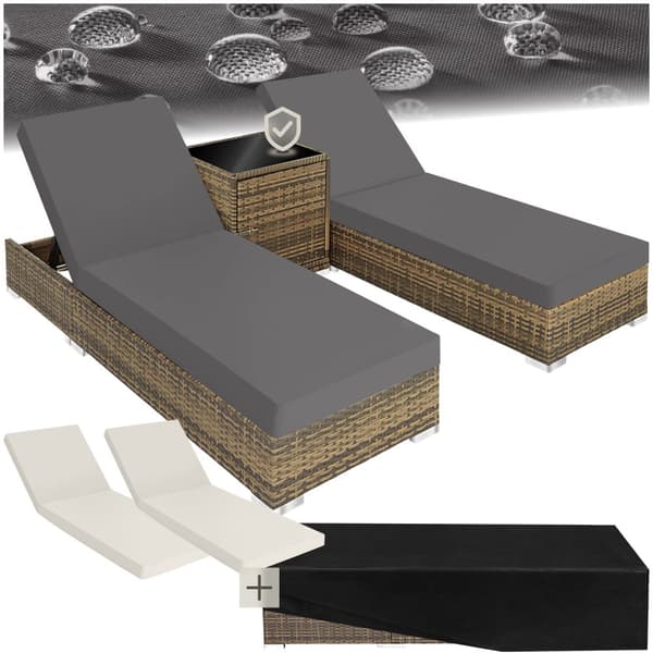 Sæt med liggestole + bord i polyrattan/aluminium - natur