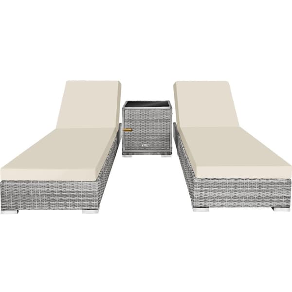 Sæt med liggestole + bord i polyrattan/aluminium - lysegrå