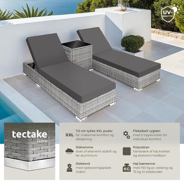Sæt med liggestole + bord i polyrattan/aluminium - lysegrå