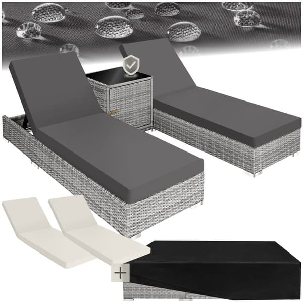 Sæt med liggestole + bord i polyrattan/aluminium - lysegrå