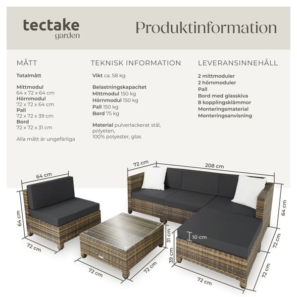 Konstrotting loungeset med aluminiumram, 2 färger och 10 cm stoppning - natur