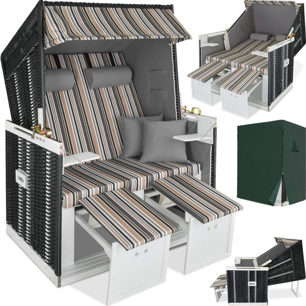 Strandkorgstol med dyna, inkluderar överskyddsdrag - svart/grå/brun