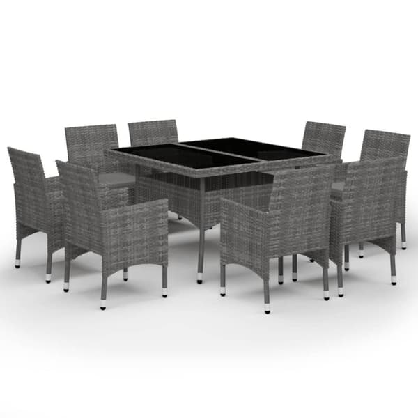 vidaXL Matgrupp för trädgården 9 delar konstrotting och glas grå