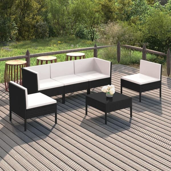 vidaXL loungesæt til haven 6 dele med hynder polyrattan sort