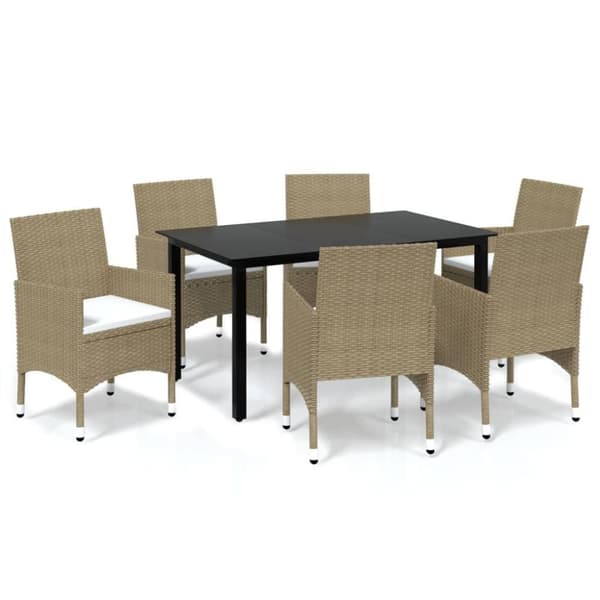 vidaXL 7-osainen Ulkoruokailuryhmä tyynyillä polyrottinki beige