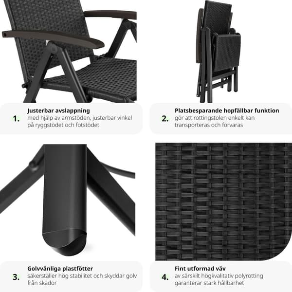 Fällbar stol i rotting med aluminiumram och fotstöd - svart