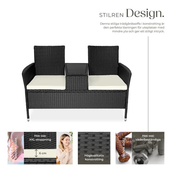 Trädgårdsbänk med bord i konstrotting - svart/beige