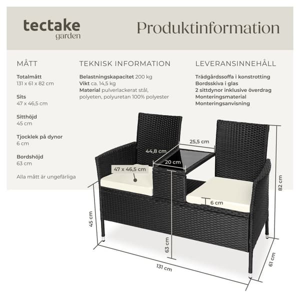 Trädgårdsbänk med bord i konstrotting - svart/beige