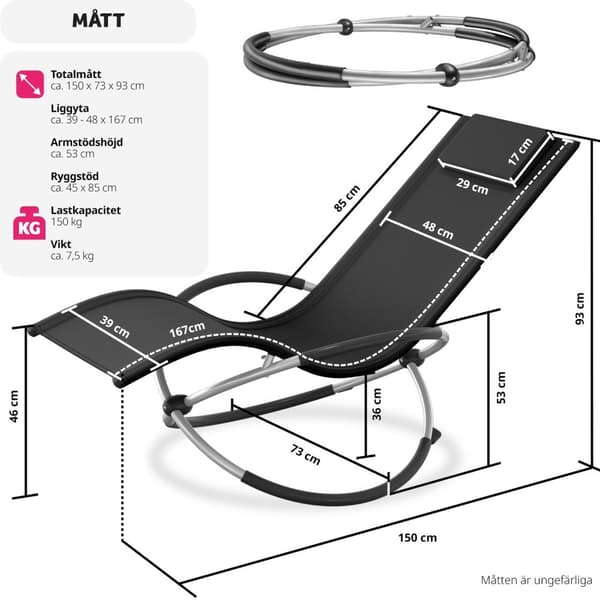 Solstol Paulina, ergonomisk gungstol för utomhusbruk, hopfällbar - svart