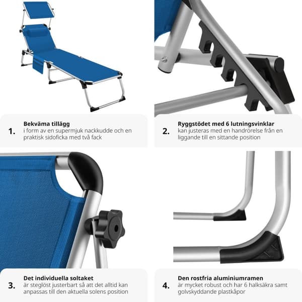 Solstol Aurelie i aluminium, 6-stegs justerbar - blå