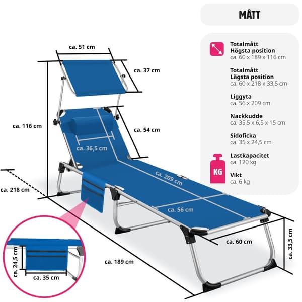 Solstol Aurelie i aluminium, 6-stegs justerbar - blå