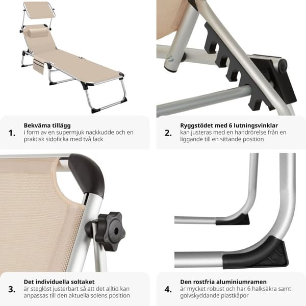 Solstol Aurelie i aluminium, 6-stegs justerbar - beige