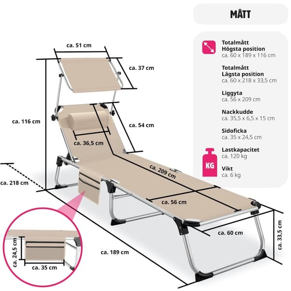 Solstol Aurelie i aluminium, 6-stegs justerbar - beige