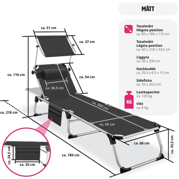 Solstol Aurelie i aluminium, 6-stegs justerbar - svart
