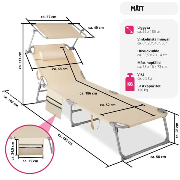Set med 2 solstolar Chloe, 4-stegs justerbara med huvudkudde - beige