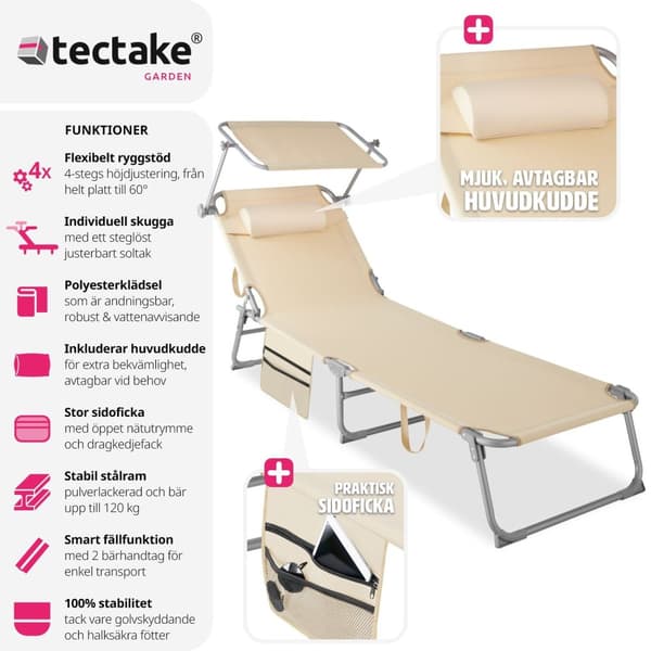 Set med 2 solstolar Chloe, 4-stegs justerbara med huvudkudde - beige