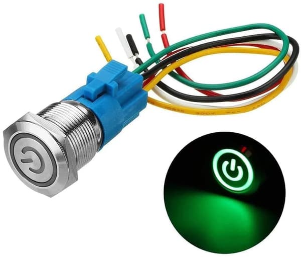 16 mm tryckknappsbrytare i rostfritt stål, 12V-24V 5A LED PÅ AV Vattentät växlingsknapp med fast självlåsande trådkontakt fast självlåsning (grön)