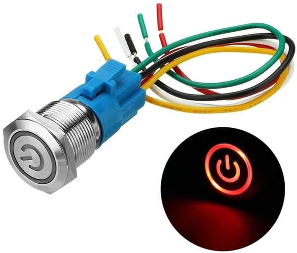 19 mm trykknapkontakt i rustfrit stål, 12V-24V 5A LED ON VANDTÆT vippekontakt med selvindstillet kabelstik (rød)