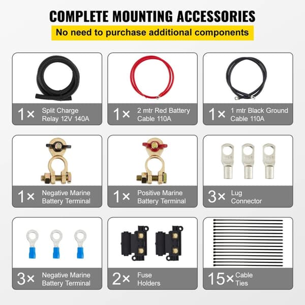 12V 140A delat laddningsrelä kit med 2 mtr batterikabel för ATV, UTV, lastbil, husbil och camping, lätt att installera