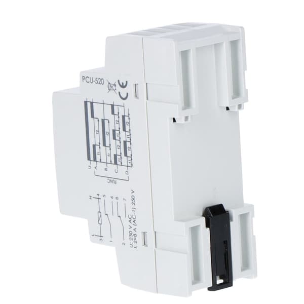 Tidsrelæ PCU-520 multifunktion, to uafhængige tidspunkter T1 og T2, kontakt U=230V, I=2x8A, 2 moduler