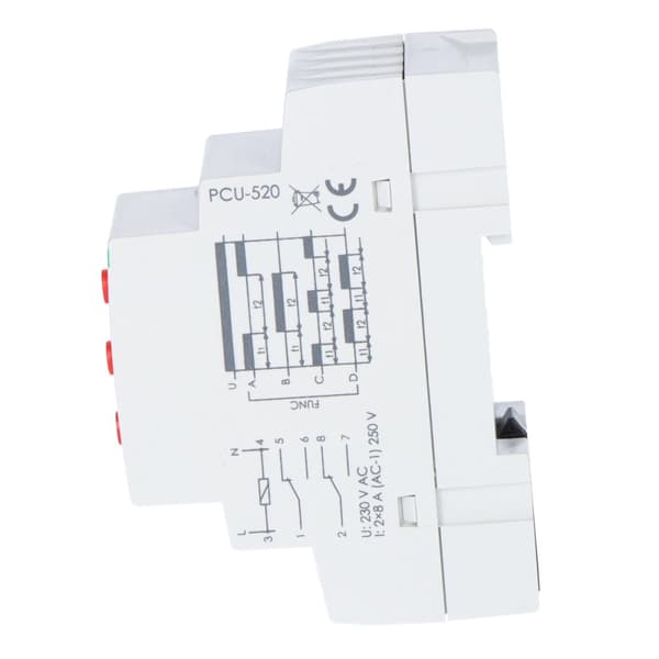 Tidsrelæ PCU-520 multifunktion, to uafhængige tidspunkter T1 og T2, kontakt U=230V, I=2x8A, 2 moduler
