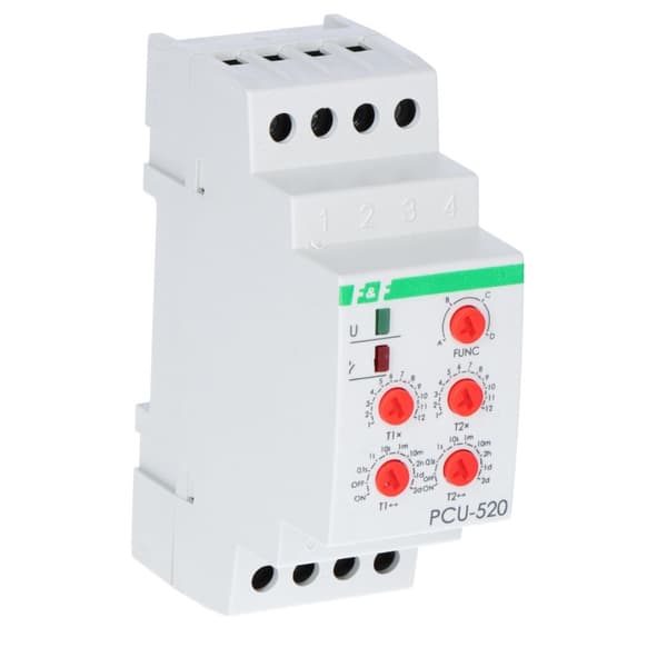 Tidsrelæ PCU-520 multifunktion, to uafhængige tidspunkter T1 og T2, kontakt U=230V, I=2x8A, 2 moduler