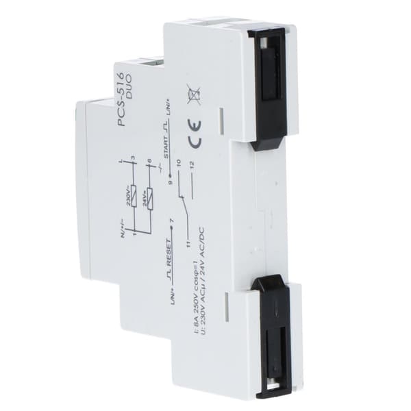 Aikarele PCS-516 DUO kymmentoiminen, tuloilla: START ja RESET, koskettimet: 1P, I=8A, U=230V ja 24V