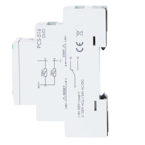 Aikarele PCS-516 DUO kymmentoiminen, tuloilla: START ja RESET, koskettimet: 1P, I=8A, U=230V ja 24V
