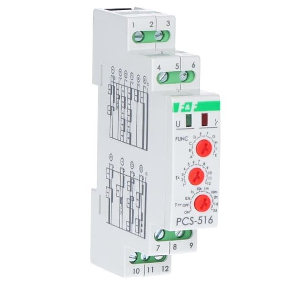 Aikarele PCS-516 DUO kymmentoiminen, tuloilla: START ja RESET, koskettimet: 1P, I=8A, U=230V ja 24V