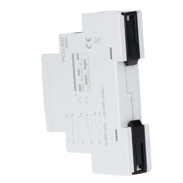 Aikarele PCU-507 monitoiminen, kaksi itsenäistä aikaa T1 ja T2, koskettimet: 2P, U=230V, I=2x8A, 1 moduuli