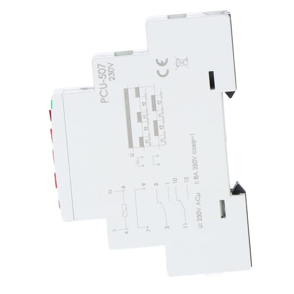 Aikarele PCU-507 monitoiminen, kaksi itsenäistä aikaa T1 ja T2, koskettimet: 2P, U=230V, I=2x8A, 1 moduuli
