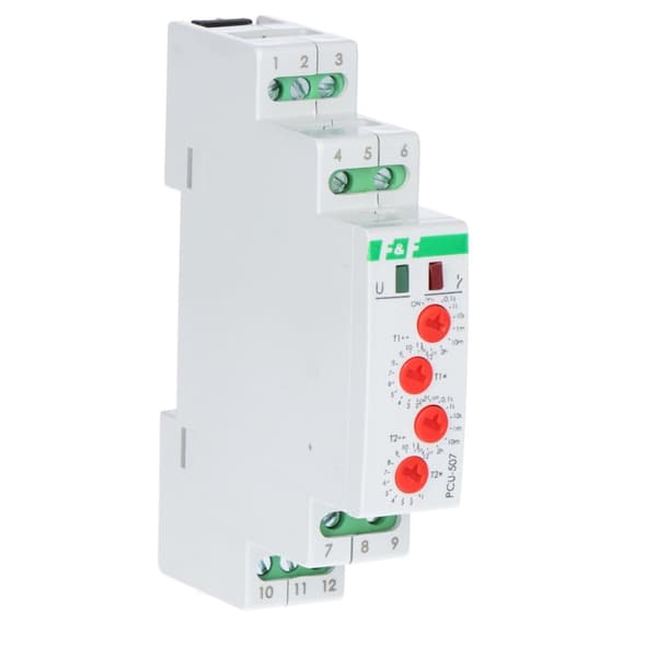 Aikarele PCU-507 monitoiminen, kaksi itsenäistä aikaa T1 ja T2, koskettimet: 2P, U=230V, I=2x8A, 1 moduuli
