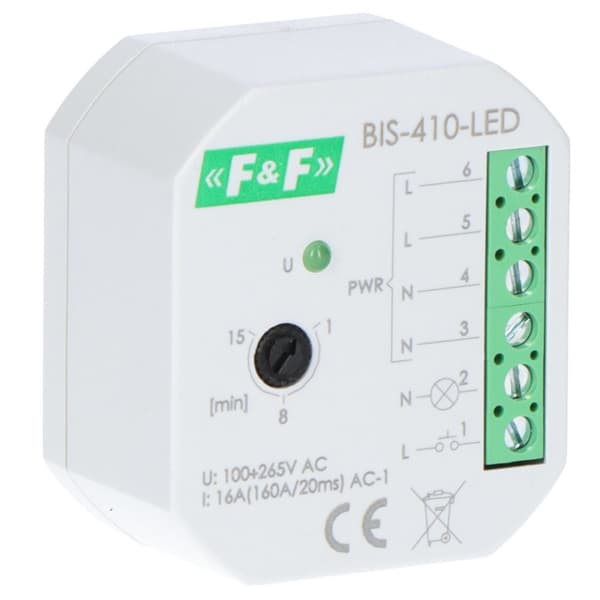 Bistabilt infällt relä med timer för belysta tryckknappar med startströmsrelä 160A/20ms BIS-410-LED
