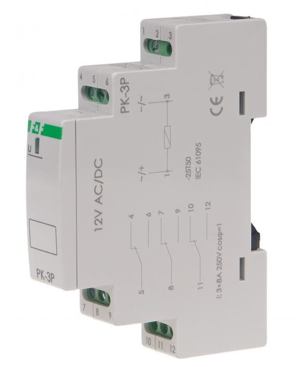 Elektromagnetiskt relä PK-3P 12V AC/DC, kontakt: 3P I=3x8A, 1 modul