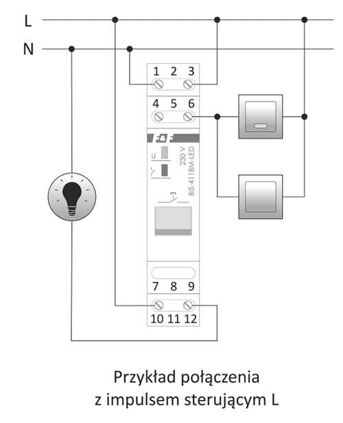 Bistabiili rele BIS-411BM-LED käsikäyttöisellä ohjauspainikkeella, muistilla, DIN-kiskoon kiinnitettävä, 230V, kytkentävirtareleellä 160A/20ms