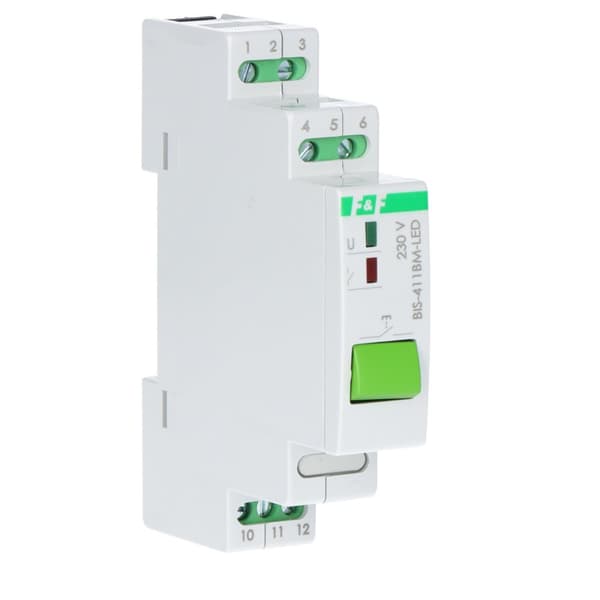 Bistabiili rele BIS-411BM-LED käsikäyttöisellä ohjauspainikkeella, muistilla, DIN-kiskoon kiinnitettävä, 230V, kytkentävirtareleellä 160A/20ms
