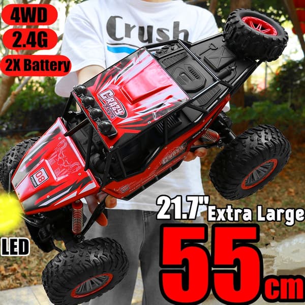 55CM 1:8 RC bil 2.4G 4WD Led Light Racing Fjernbetjening Lastbil Køretøj Off Road Billegetøj med 2 batterier(blå, 55 cm)