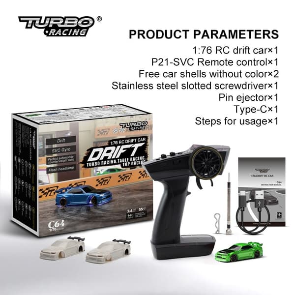 Turbo Racing DRIFT C64 1/76 Grøn - RTR