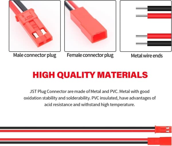 Sæt med 40 JST 22 AWG-stik, 2-polet han og hun, længde 10 cm 15 cm - perfekt til lysdioder, lamper, RC-batterier og legetøj Kabel