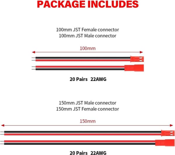 Sæt med 40 JST 22 AWG-stik, 2-polet han og hun, længde 10 cm 15 cm - perfekt til lysdioder, lamper, RC-batterier og legetøj Kabel
